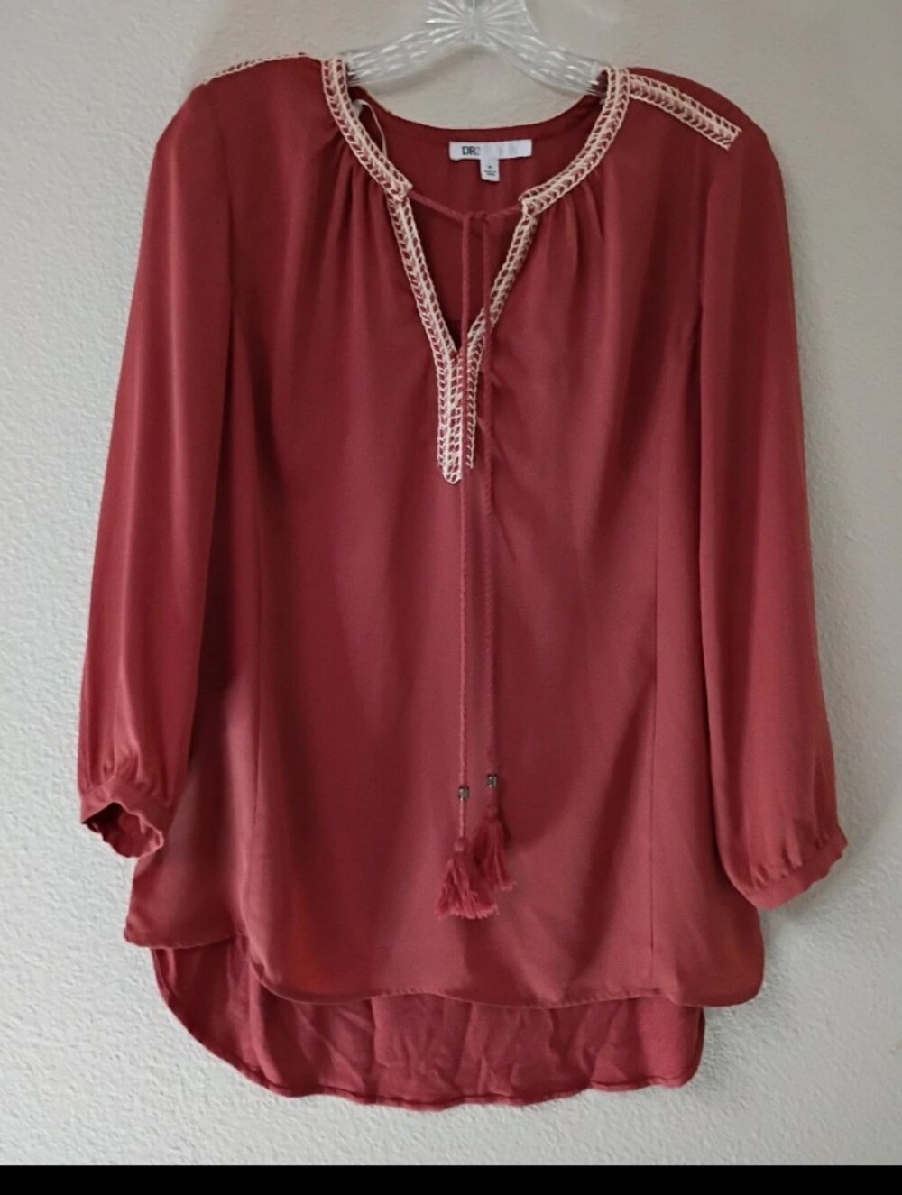 DR2 Rust Peasant Blouse with Crochet Trim and Tassel